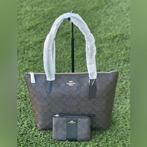 Brown Signature Coach Zip Top Tote set with matching wristlet set